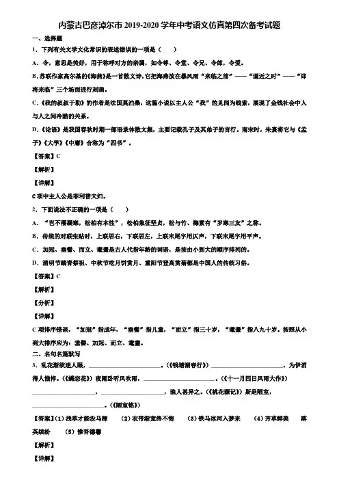 内蒙古巴彦淖尔市2019-2020学年中考语文仿真第四次备考试题含解析