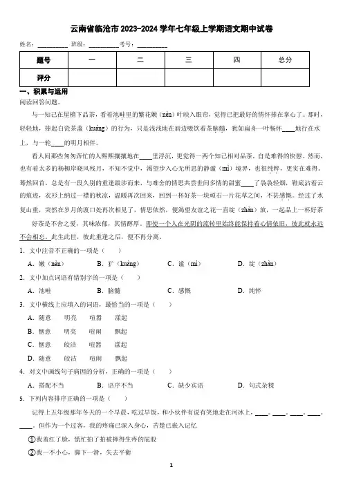 云南省临沧市2023-2024学年七年级上学期语文期中考试试卷(含答案)