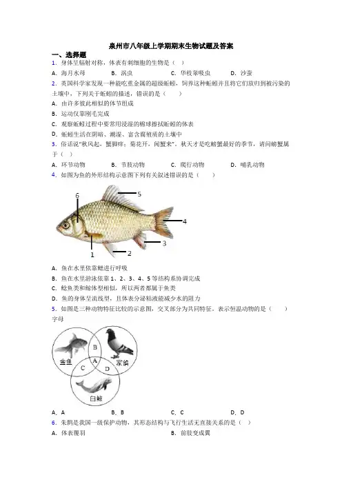 泉州市八年级上学期期末生物试题及答案