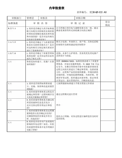 内部审核检查表