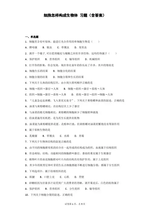 细胞怎样构成生物体 (2) 习题(含答案)
