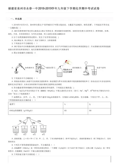 福建省泉州市永春一中2018-2019学年九年级下学期化学期中考试试卷及参考答案