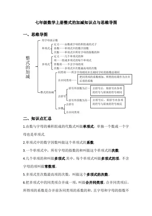 七年级数学上册整式的加减知识点与思维导图