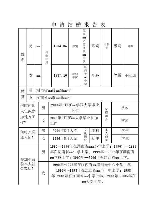 部  队 申 请 结 婚 报 告 表