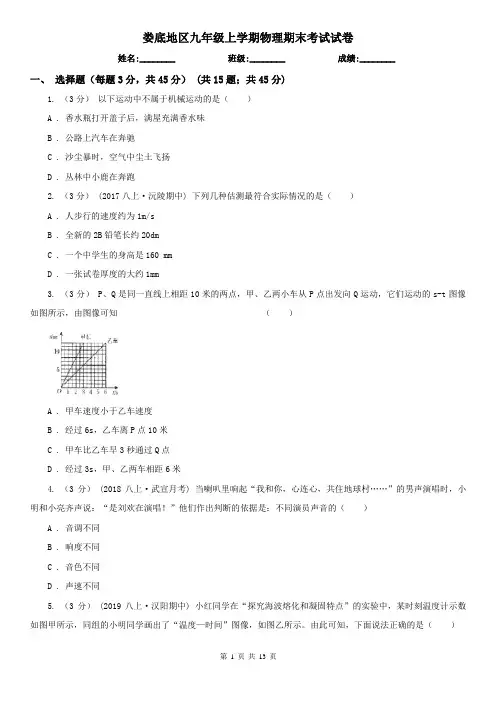 娄底地区九年级上学期物理期末考试试卷