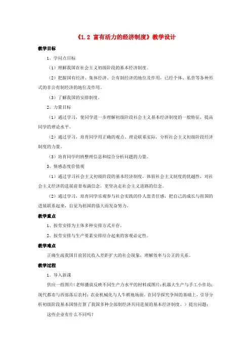 九年级政治全册 第一单元 认识国情 了解制度 1.2 富有活力的经济制度教学设计2 粤教版