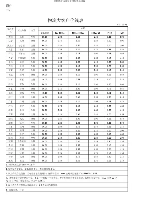 德邦物流标准运费报价表格模板