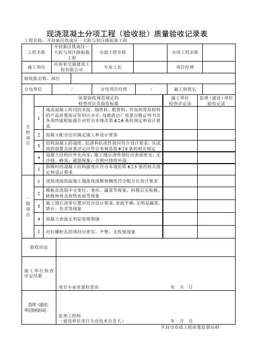现浇混凝土分项工程质量验收记录表