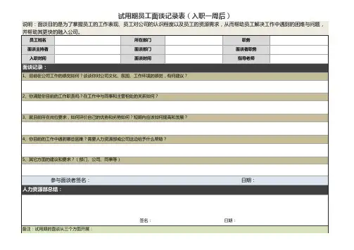 试用期员工面谈记录表(入职一周后)
