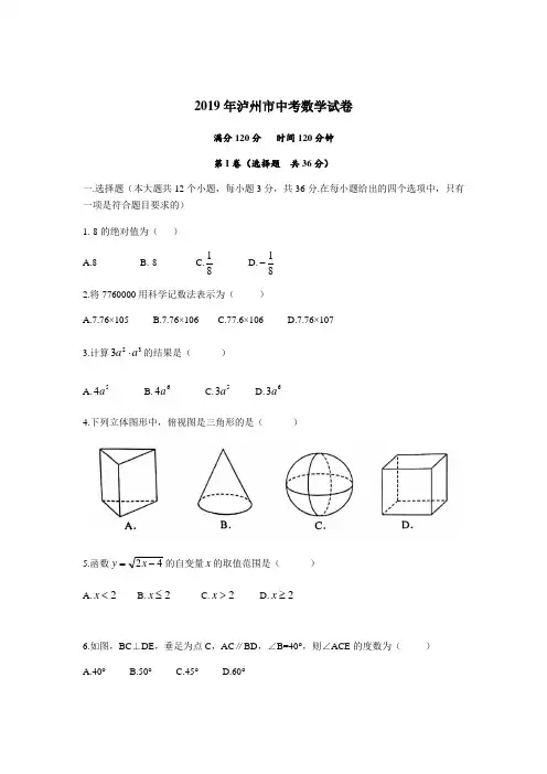2019年四川省泸州市中考数学试卷(word版  含答案)