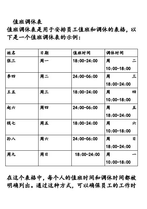 值班调休表