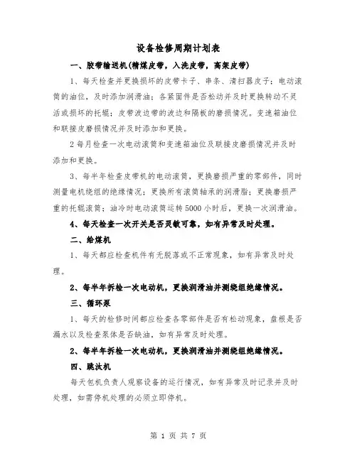 设备检修周期计划表(三篇)