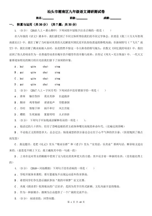 汕头市潮南区九年级语文调研测试卷