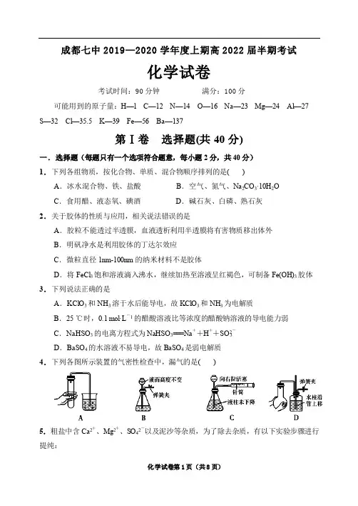 四川省成都市第七中学2019-2020学年高一上学期期中考试化学试题 PDF版缺答案