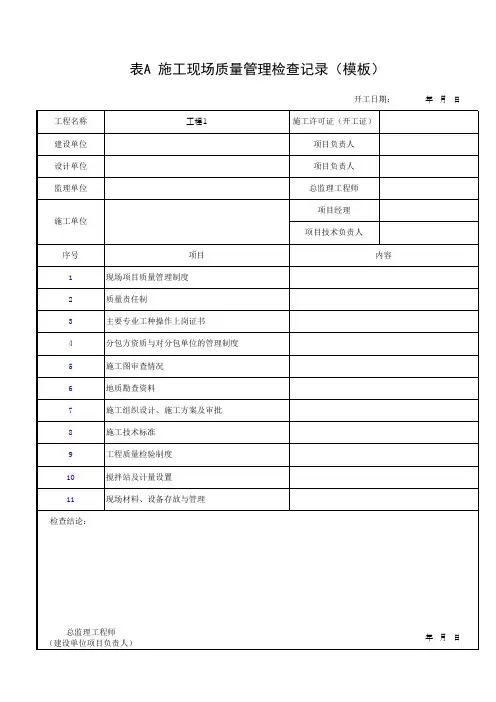 表A 施工现场质量管理检查记录(模板)