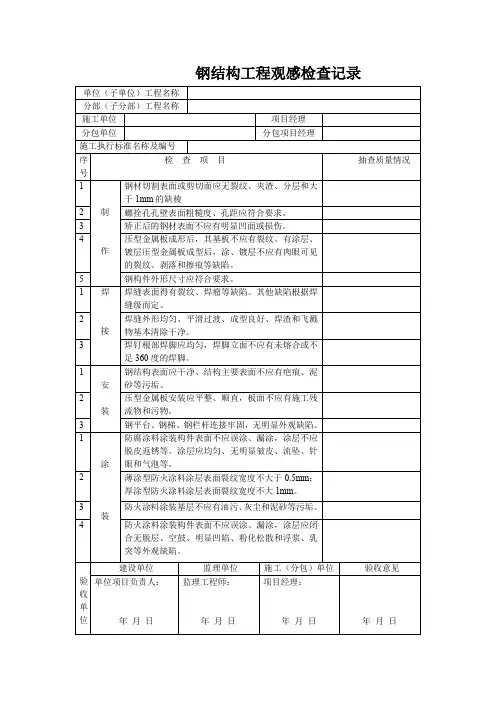 钢结构工程观感检查记录表(焊接检查记录表,构件制作安装记录表)