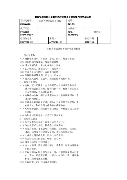 餐饮管理操作手册餐厅各种大型会议服务操作程序及标准