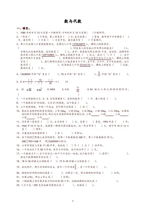 通用版数学六年级下册总复习专题：数与代数含答案-精选