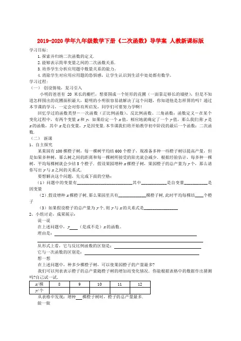 2019-2020学年九年级数学下册《二次函数》导学案 人教新课标版.doc
