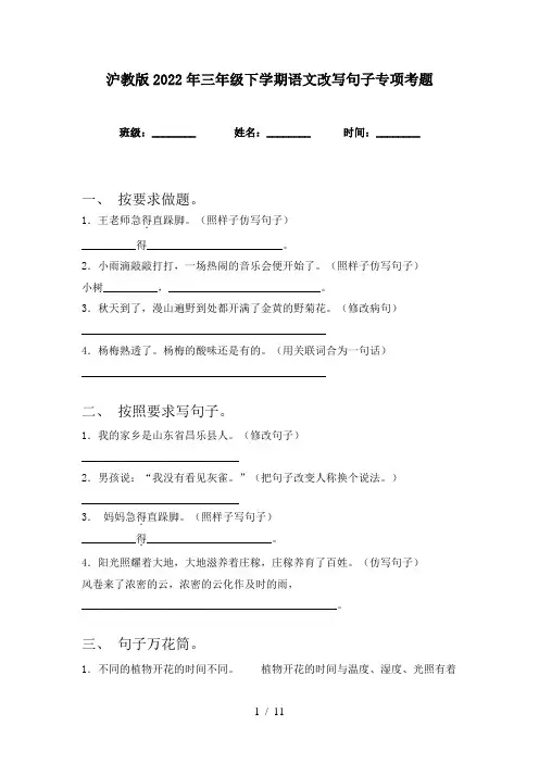 沪教版2022年三年级下学期语文改写句子专项考题