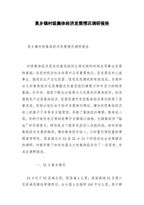 某乡镇村级集体经济发展情况调研报告