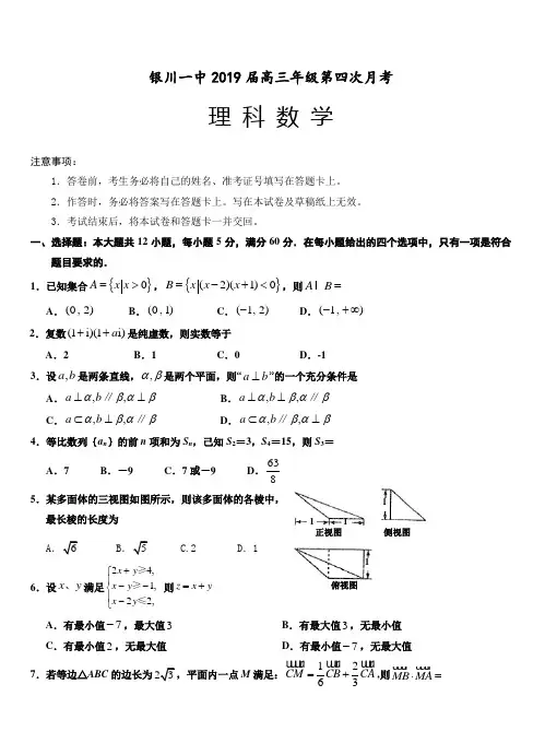宁夏银川一中2019届高三第四次月考数学(理)试卷附答案