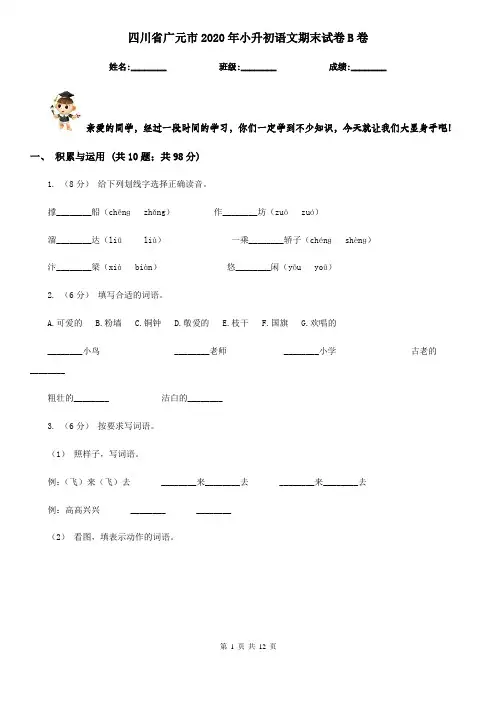 四川省广元市2020年小升初语文期末试卷B卷