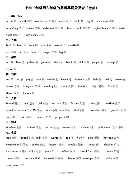 小学三年级到六年级的英语单词分类表
