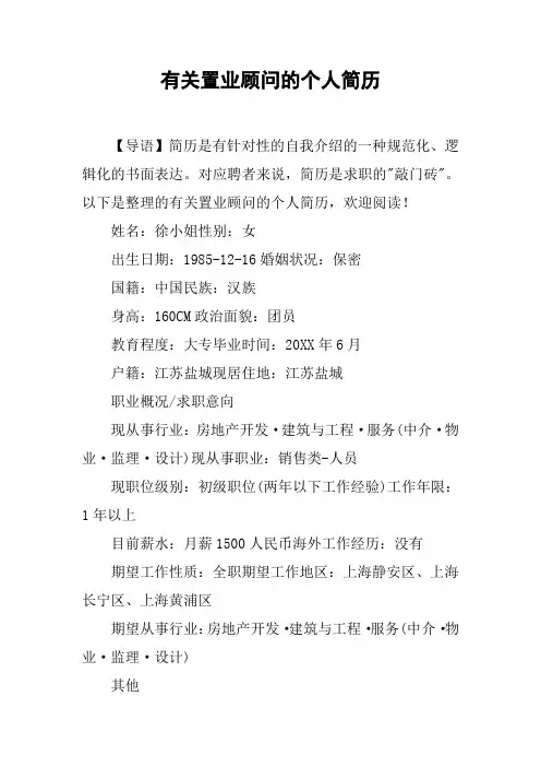 有关置业顾问的个人简历