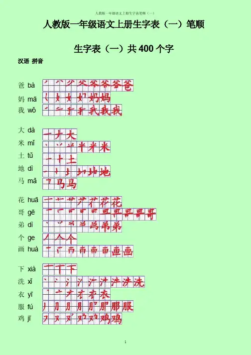 人教版一年级语文上册生字表(一)笔顺400字