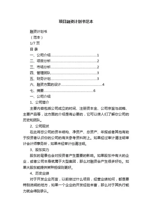 项目融资计划书范本