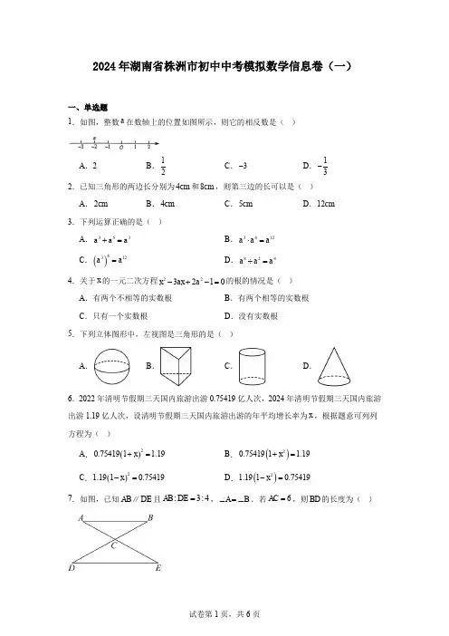 2024年湖南省株洲市初中中考模拟数学信息卷(一)