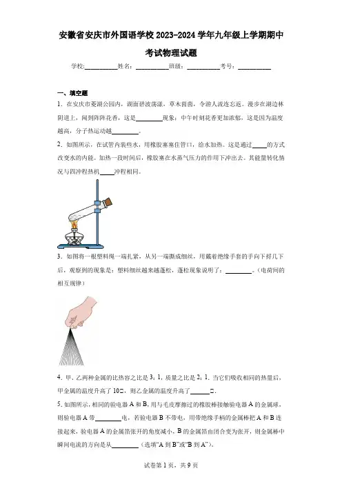 安徽省安庆市外国语学校2023-2024学年九年级上学期期中考试物理试题
