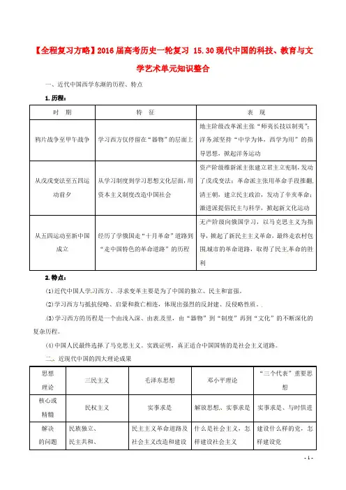 2016届高考历史一轮复习15.30现代中国的科技、教育与文学艺术单元知识整合
