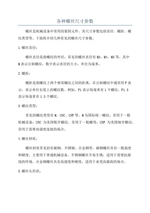 各种螺丝尺寸参数