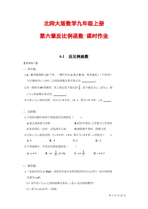 北师大版数学九年级上册第六章反比例函数 课时练试题及答案