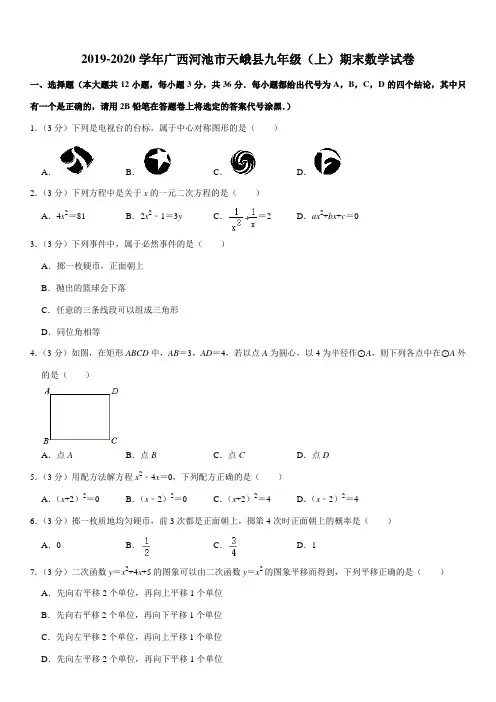 2019-2020学年广西河池市天峨县九年级(上)期末数学试卷