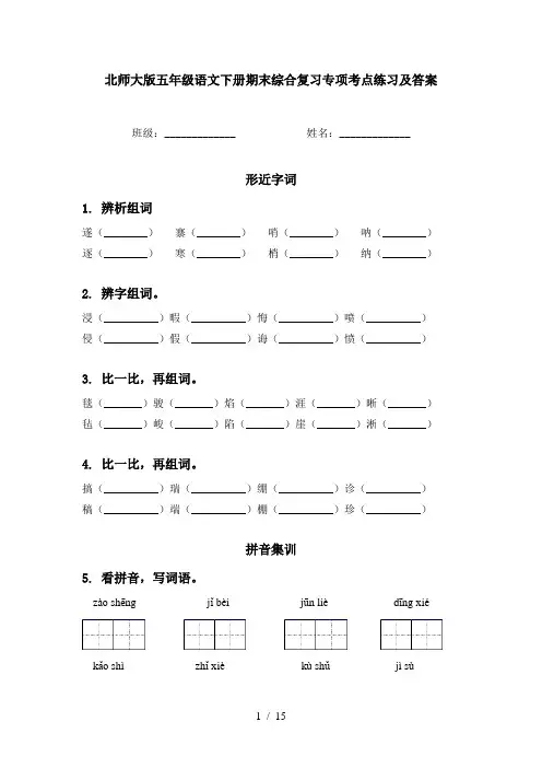 北师大版五年级语文下册期末综合复习专项考点练习及答案