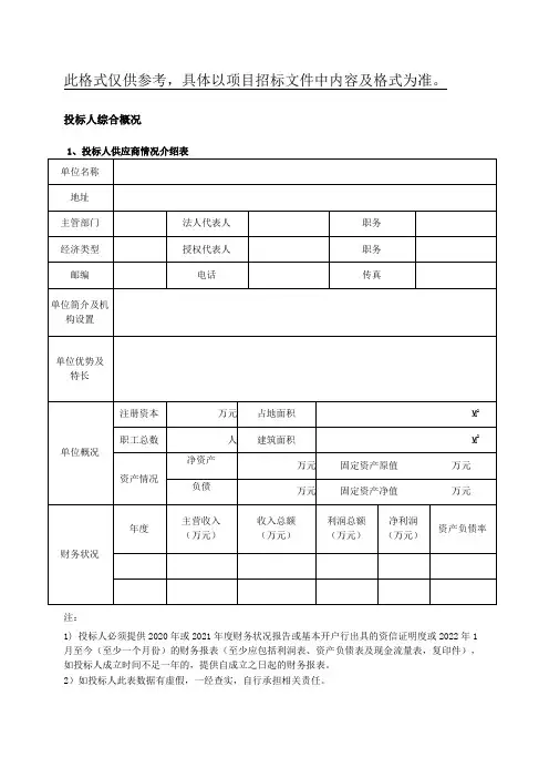 【精选Word版】投标人综合概况、供应商情况介绍表(样本范本)