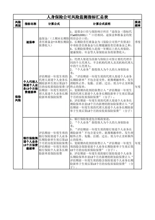 人身保险公司风险监测指标汇总表