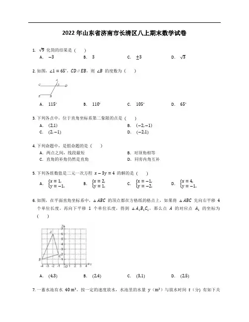 2022年山东省济南市长清区八年级上学期期末数学试卷(含答案)