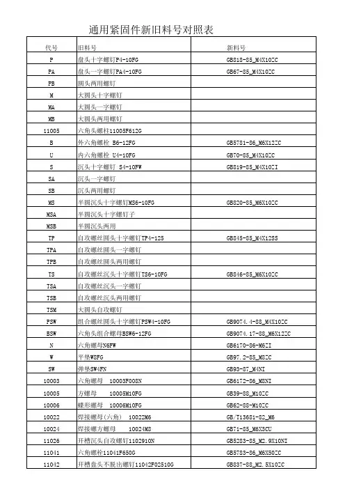 紧固件料号对照表