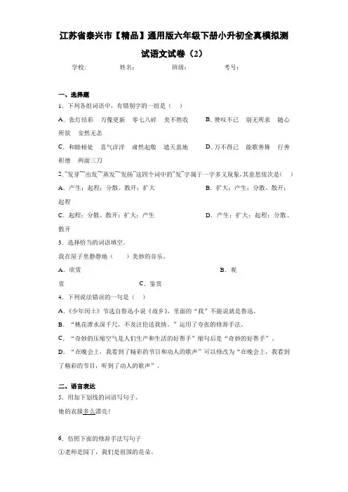 通用版六年级下册小升初全真模拟测试语文试卷(2)(含答案解析)