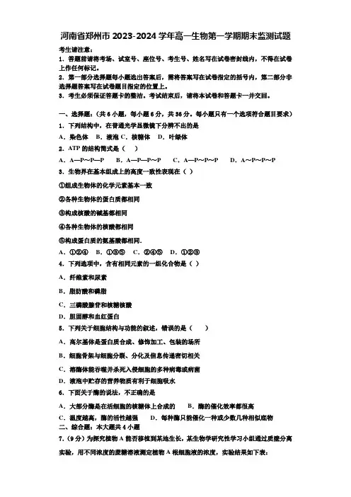 河南省郑州市2023-2024学年高一生物第一学期期末监测试题含解析