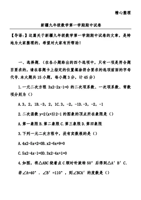 新疆九年级数学第一学期期中试卷