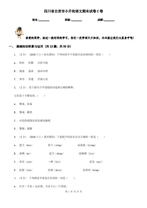 四川省自贡市小升初语文期末试卷C卷
