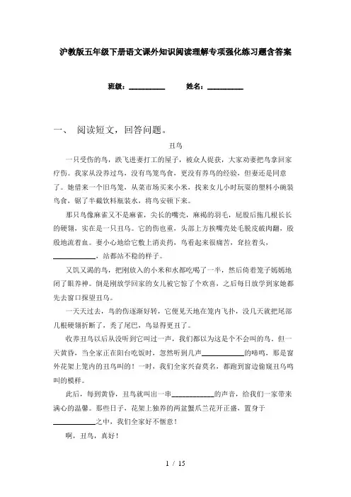 沪教版五年级下册语文课外知识阅读理解专项强化练习题含答案