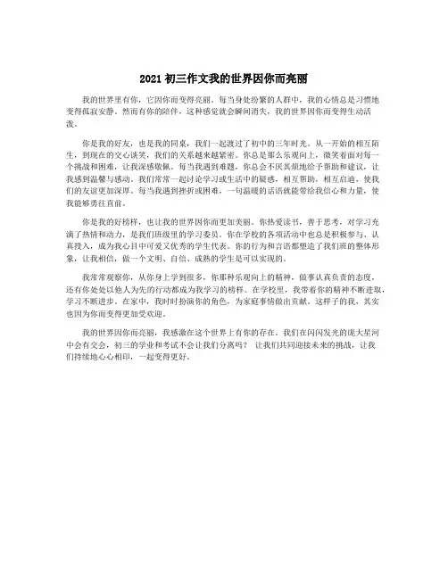2021初三作文我的世界因你而亮丽