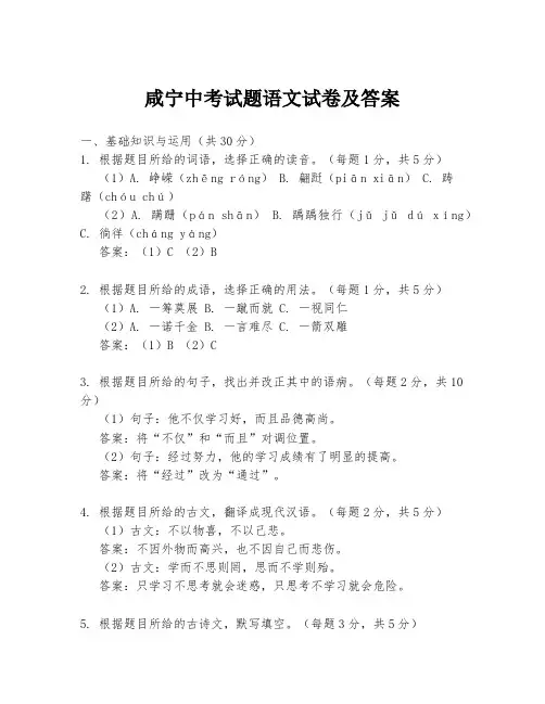咸宁中考试题语文试卷及答案