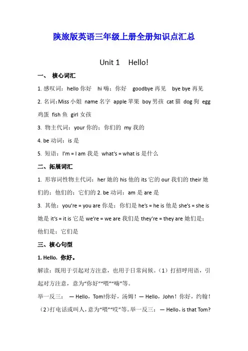 陕旅版英语三年级上册全册知识点汇总